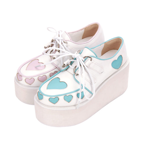 Pink And Blue Cute Heart Pattern Platform Sweet Lolita Shoes - Pink/Blue - 1