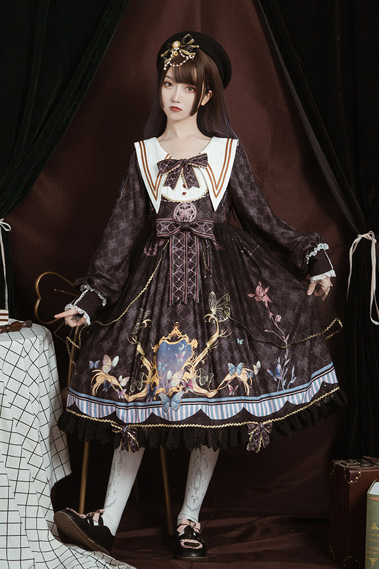 Black Navy Collar Long Sleeves Butterfly Print Ruffle Bowknot Gothic Elegant Princess Lolita Dress - Black - 1