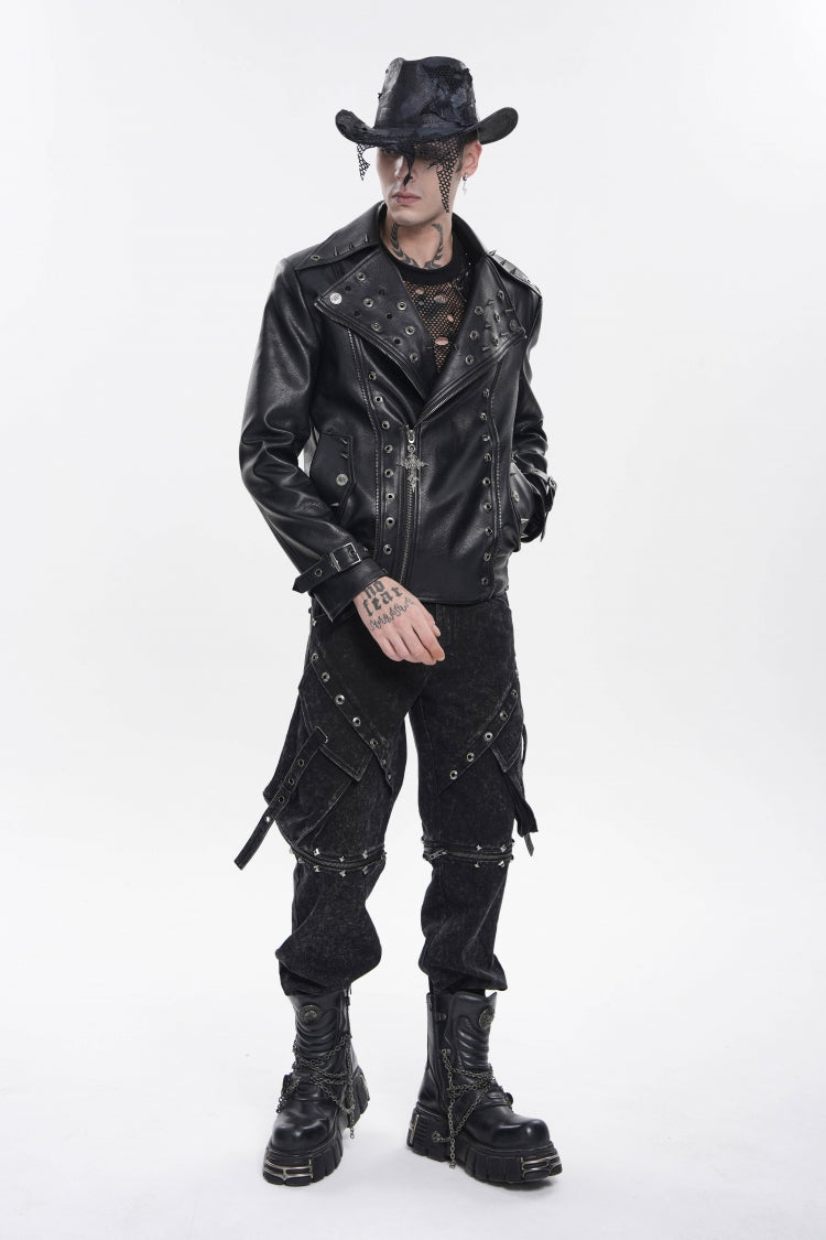 Black Lapel Collar Long Sleeves Studded Buckled Zippered Eyelet Women's Punk Jacket - Product - 8