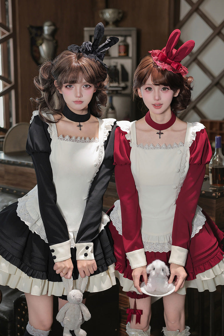 [Liya] Square Collar Long Lantern Sleeves Multi-Layered Ruffled Classic Elegant Lolita Dress 2 Colors (Black, Red) - Black(Dress-Only) - 1