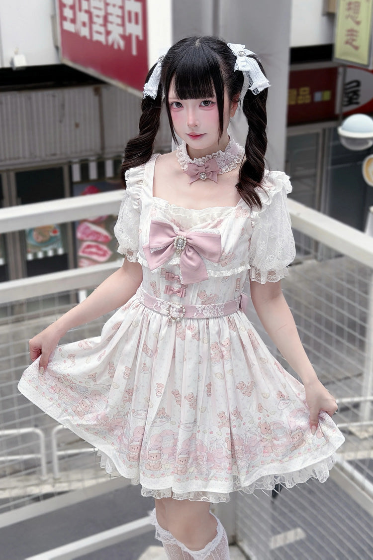 Pink [Teddy Bear Party] Square Collar Short Sleeves Printed Ruffled Bow Lace Sweet Jirai Kei Japanese Dress - Product - 3