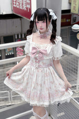 Pink [Teddy Bear Party] Square Collar Short Sleeves Printed Ruffled Bow Lace Sweet Jirai Kei Japanese Dress - Product - 3