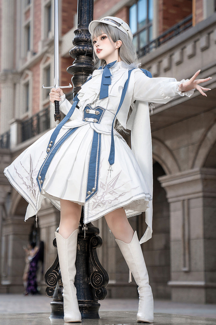 White/Blue [Star Knight] Print Punk Military Princess Handsome Ouji Lolita Skirt - Product - 9
