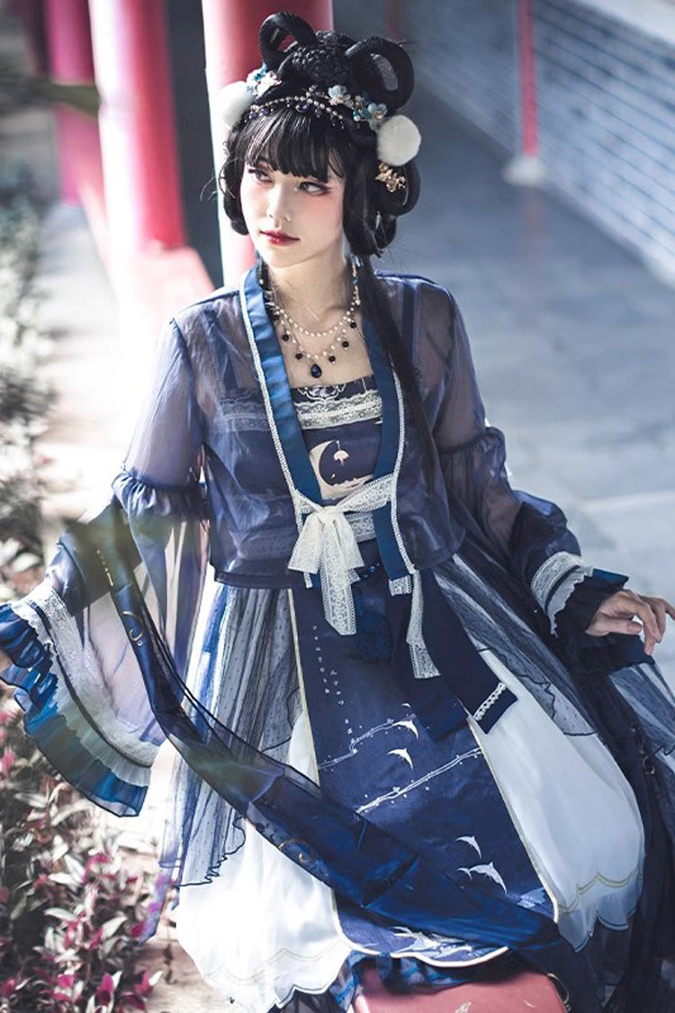 [Night and the Oriole] Print Ruffle Bowknot Lace Sweet Chinese Style Lolita Jsk Dress 2 Colors - Product - 2