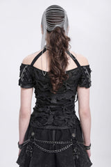 Black Off Shoulder Halterneck Ripped Women's Punk Blouse - Product - 6