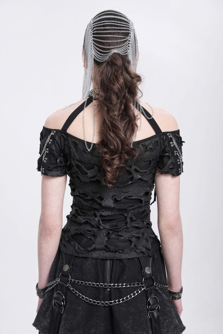 Black Off Shoulder Halterneck Ripped Women's Punk Blouse - Product - 6