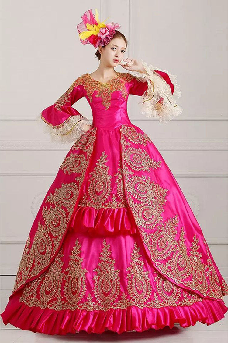 Multi-Layer Half Sleeves Trumpet Sleeves High Waisted Hollow Embroidery Floral Print Ruffled Victorian Lolita Prom Dress - Rose - 4