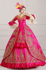 Multi-Layer Half Sleeves Trumpet Sleeves High Waisted Hollow Embroidery Floral Print Ruffled Victorian Lolita Prom Dress - Rose - 4