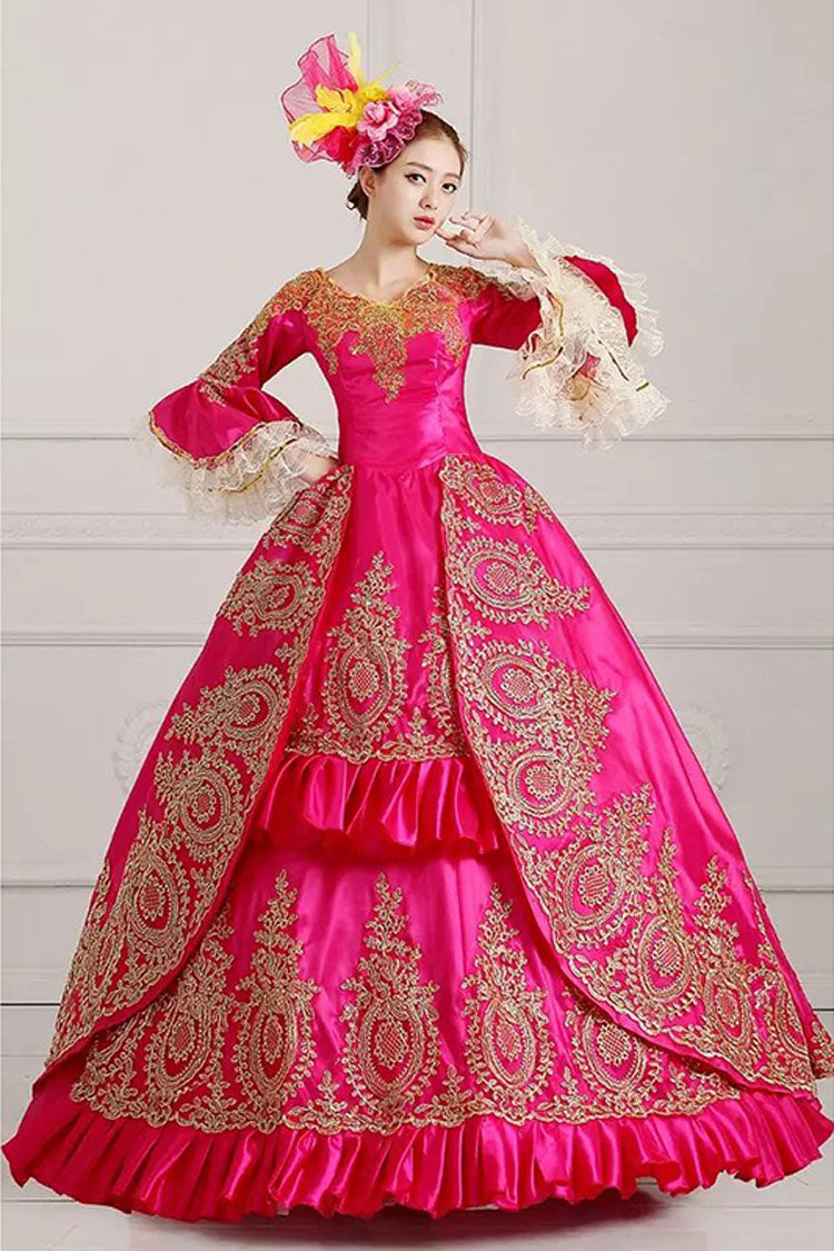 Multi-Layer Half Sleeves Trumpet Sleeves High Waisted Hollow Embroidery Floral Print Ruffled Victorian Lolita Prom Dress - Rose - 4
