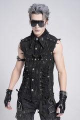 Black Sleeveless Studded Lace-Up Men's Gothic Distressed Vest - Black - 1