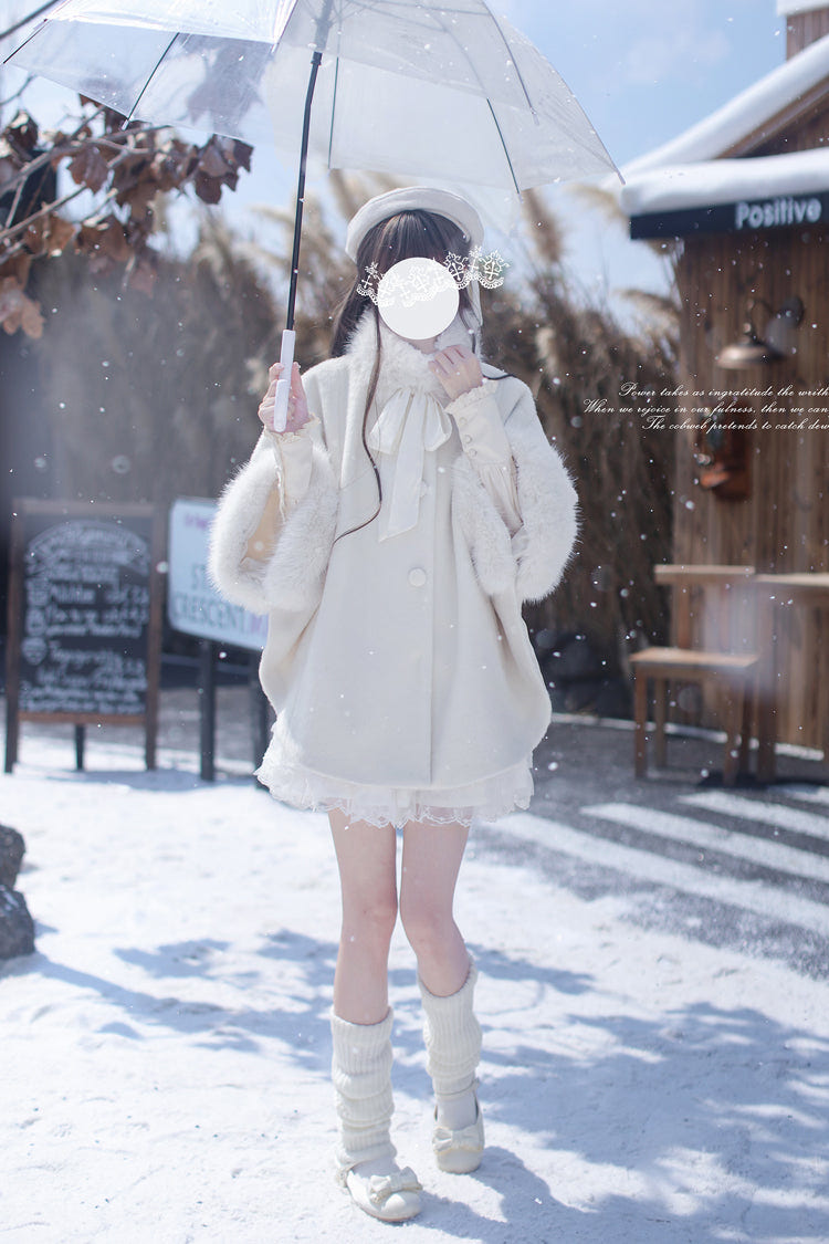 White Long Sleeves Lace Sweet Japanese Lolita Fluffy Cloak Coat - Product - 3