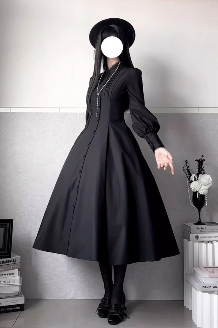 Black [Astrea] Long Puff Sleeves Slim Gothic Elegant Lolita Dress - Product - 8