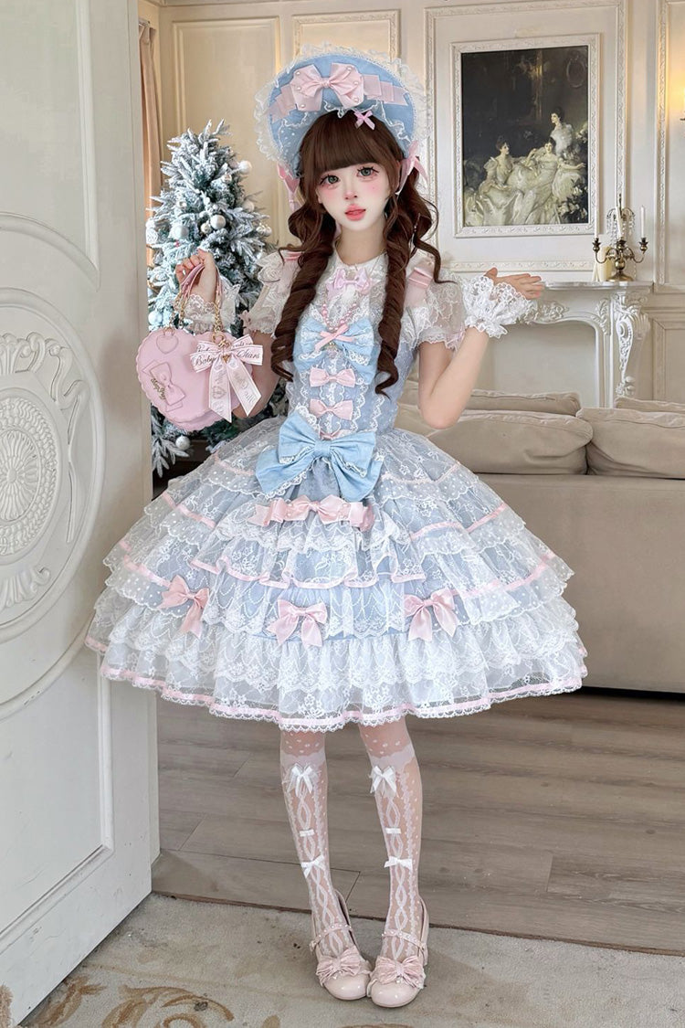 Blue [Moon-Tide Butterfly’s Call] Sleeveless Multi-Layered Ruffle Bowknot Lace Sweet Lolita Jsk Dress - Blue - 1