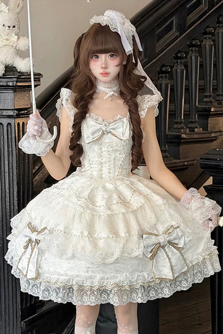 White [Day and Night Duality] Square Collar Sleeveless Multi-Layered Jacquard Ruffled Bow Lace Sweet Lolita Jsk Dress - Product - 4