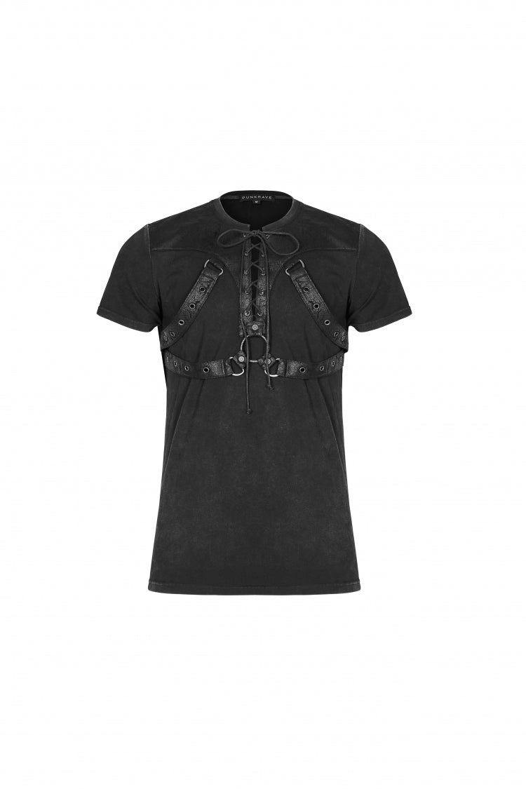 Black Lace-Up Zipper Men's Punk Blouse with Straps - Product - 5