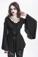 Black Long Trumpet Sleeves Print Embroidery Women's Gothic Blouse - Product - 2