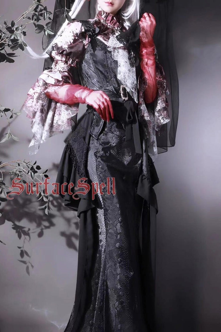 Black Faux Leather Snake Print Flared Fishbone Mermaid Gothic Lolita Skirt - Product - 6