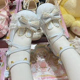 Rabbit Accent Bow Cross-Strap Mid-Heel Lolita Shoes with Cat Paw Heels and Ankle Bells - Light-Blue - 7