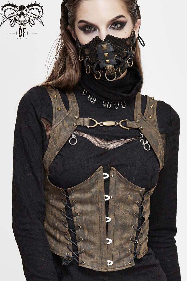 Brown Lace Up Chest Hollow Steel Buckle Rivet Strap Women's Punk Waistcoat - Product - 8