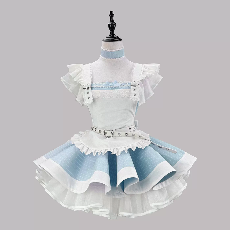 Black and White Striped Ruffled Lolita Dress with Belt Accent 商品画像