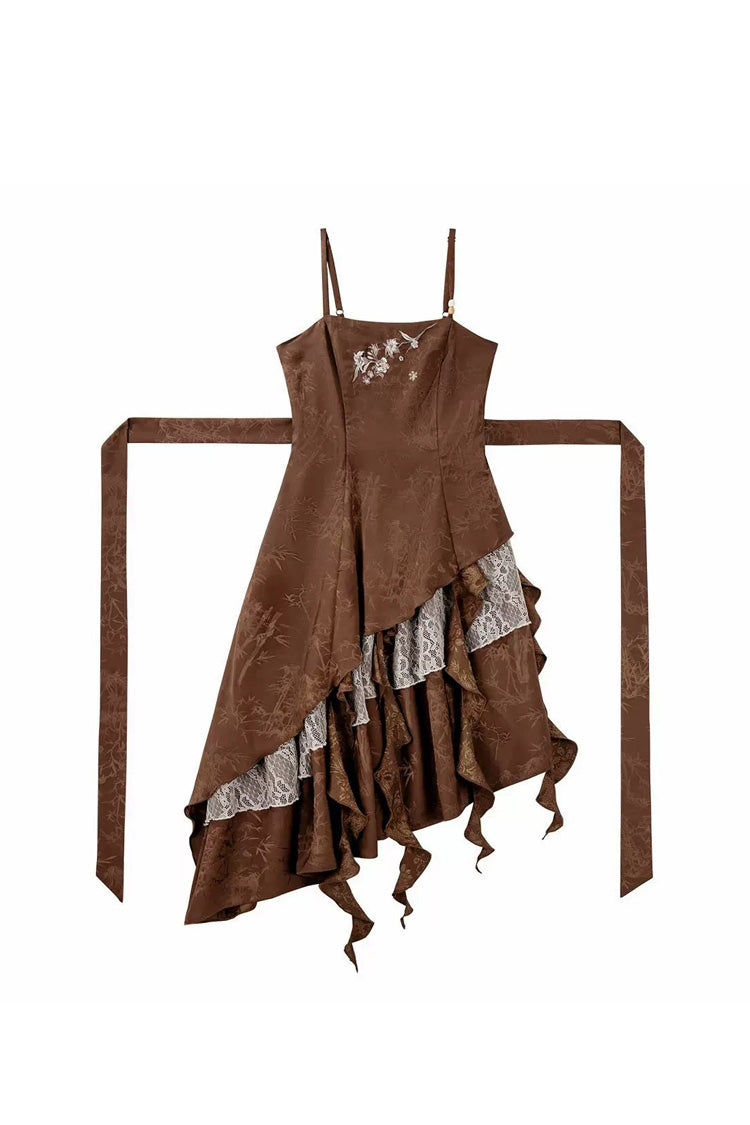 Brown [Dune Traveler] Printed Ruffled Spliced Asymmetric Punk Vintage Lolita Jsk Dress Set - Dress(Only) - 13