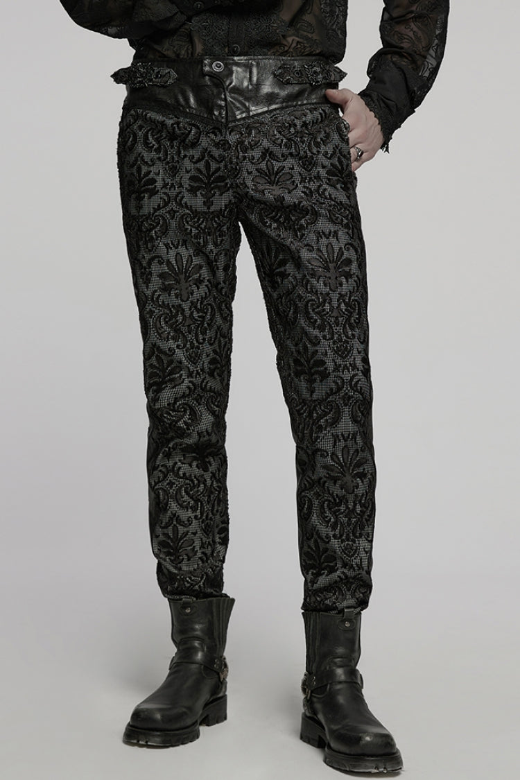 Black Print Floral Embroidery Buckle Men's Gothic Pants - Black - 1
