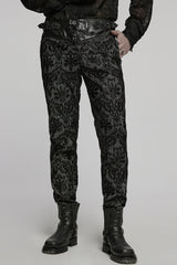 Black Print Floral Embroidery Buckle Men's Gothic Pants - Black - 1