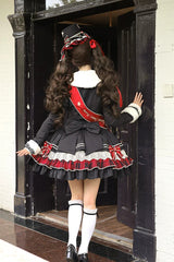 Black [Honor Guard Gala] V Collar Multi-Layered Printed Ruffled Bow Classic Gothic College Style Lolita Jsk Dress - Product - 5