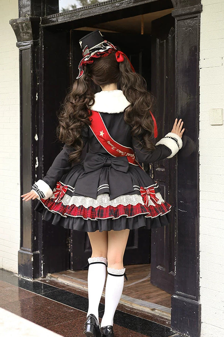 Black [Honor Guard Gala] V Collar Multi-Layered Printed Ruffled Bow Classic Gothic College Style Lolita Jsk Dress - Product - 5