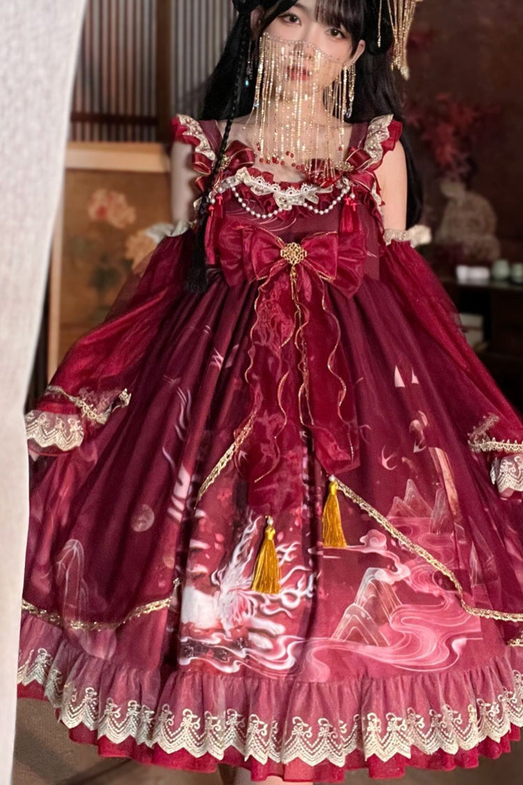 [Nine-tailed fox] Print Ruffle Bowknot Classic Chinese Style Princess Lolita Jsk Dress 2 Colors - Product - 6