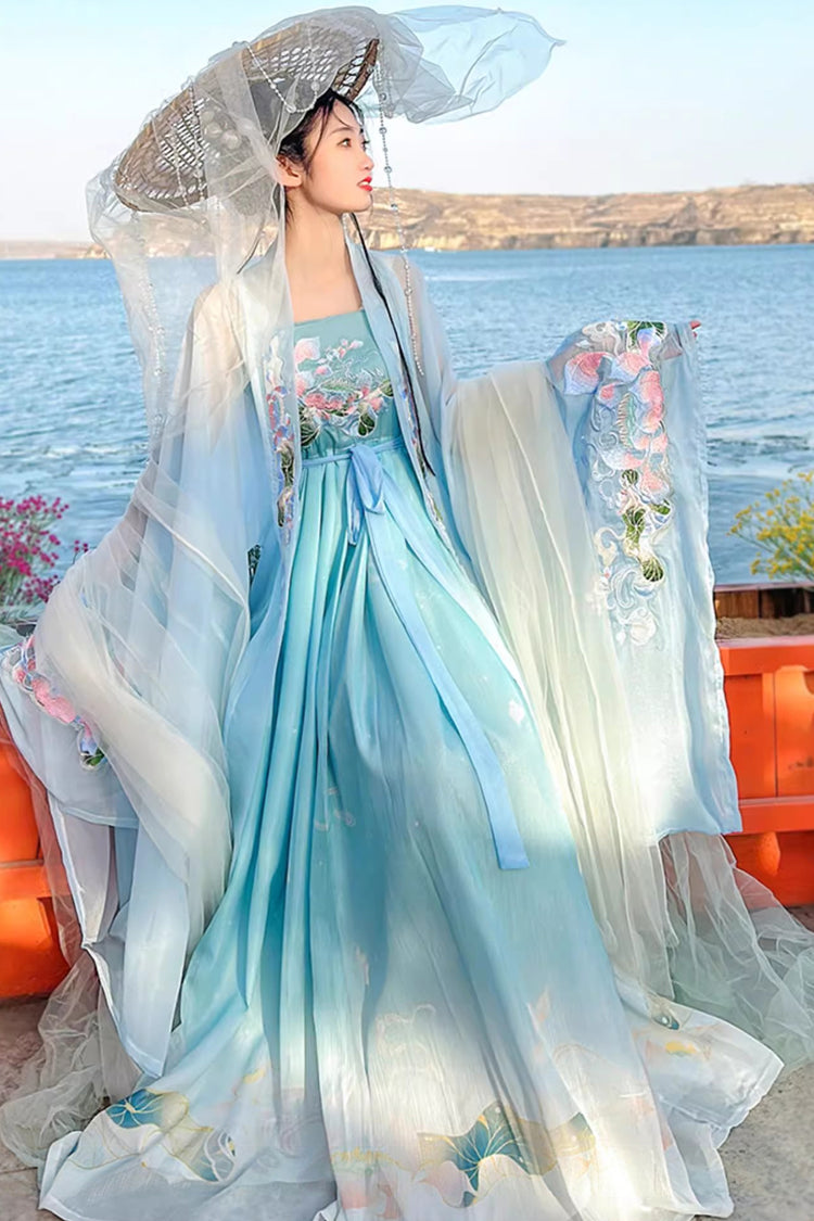 Blue Tang Dynasty Long Trumpet Sleeves Print Embroidery Sweet Hanfu Dress - Product - 4