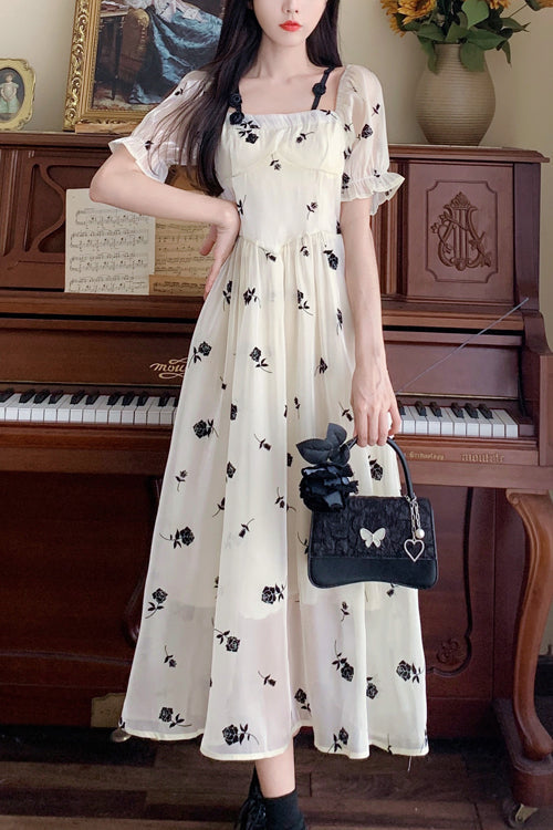 Beige French Square Collar Short Sleeves Rose Print Long Plus Size Sweet Lolita Dress - Beige - 1