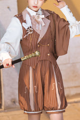 Brown Stripe Violin Print Ouji Lolita Set - Brown - 1