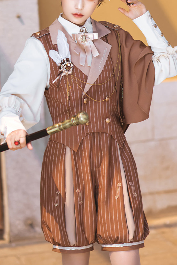 Brown Stripe Violin Print Ouji Lolita Set - Brown - 1