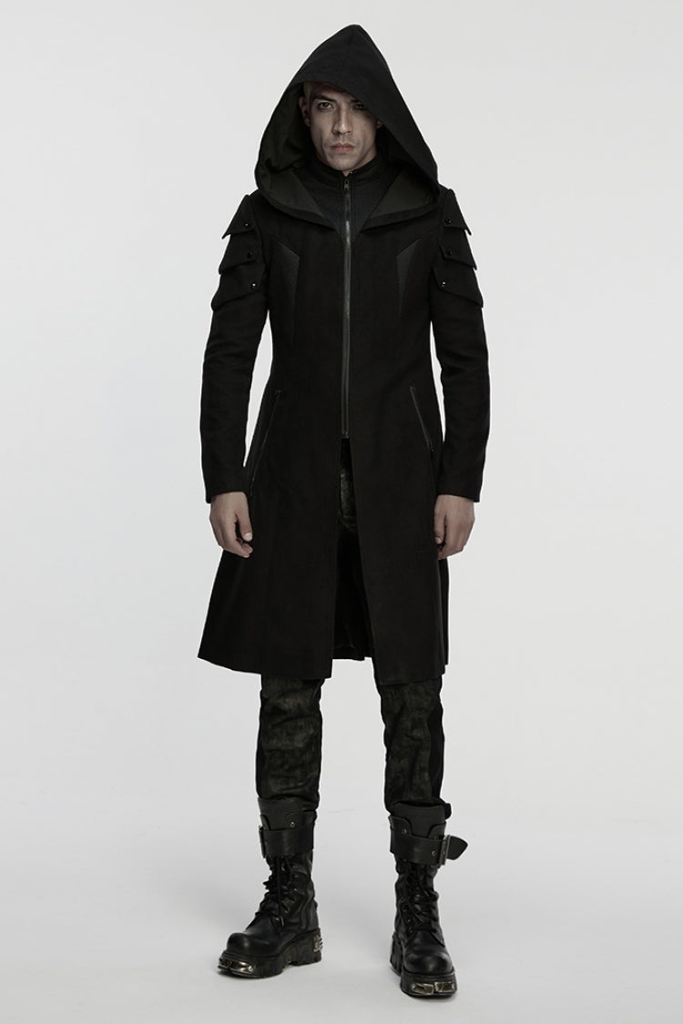 Black Stand Collar Long Sleeves Hooded Zipper Men's Punk Jacket - Black - 1