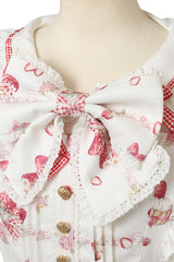 White [Creamy Berry] Print Short Puff Sleeves Ruffle Bowknot Lace-Up Sweet Jirai Kei Japanese Dress - Product - 5