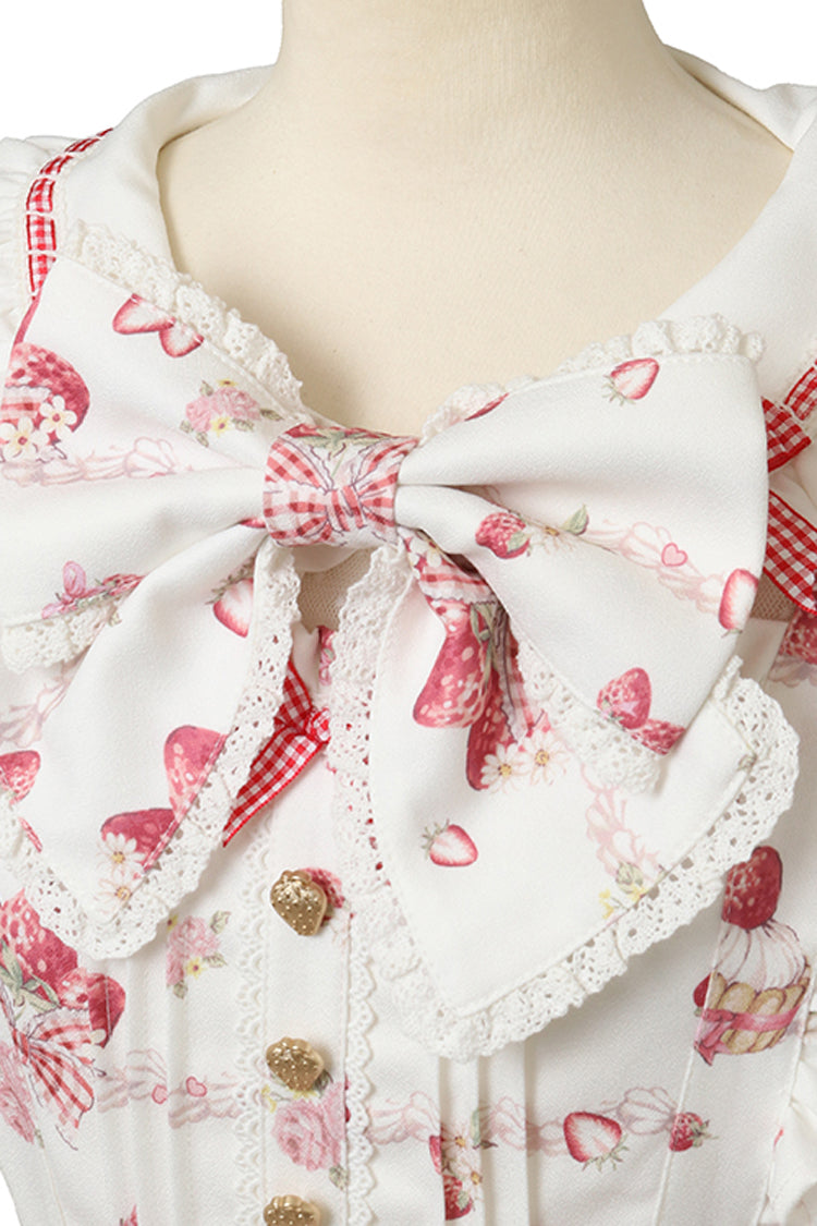 White [Creamy Berry] Print Short Puff Sleeves Ruffle Bowknot Lace-Up Sweet Jirai Kei Japanese Dress - Product - 5