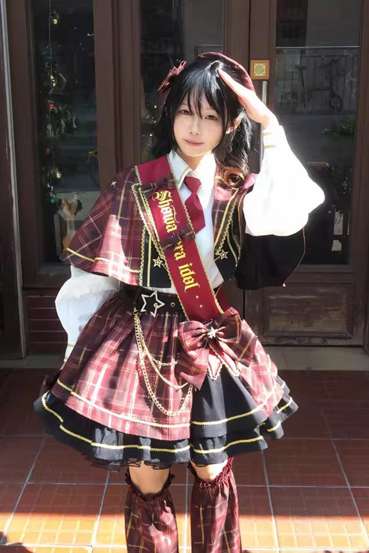 Red [Shōwa Little Idol] Lapel Collar Long Sleeves Ruffled Open-Front Bow Asymmetric Classic Lolita Skirt Set - Product - 3