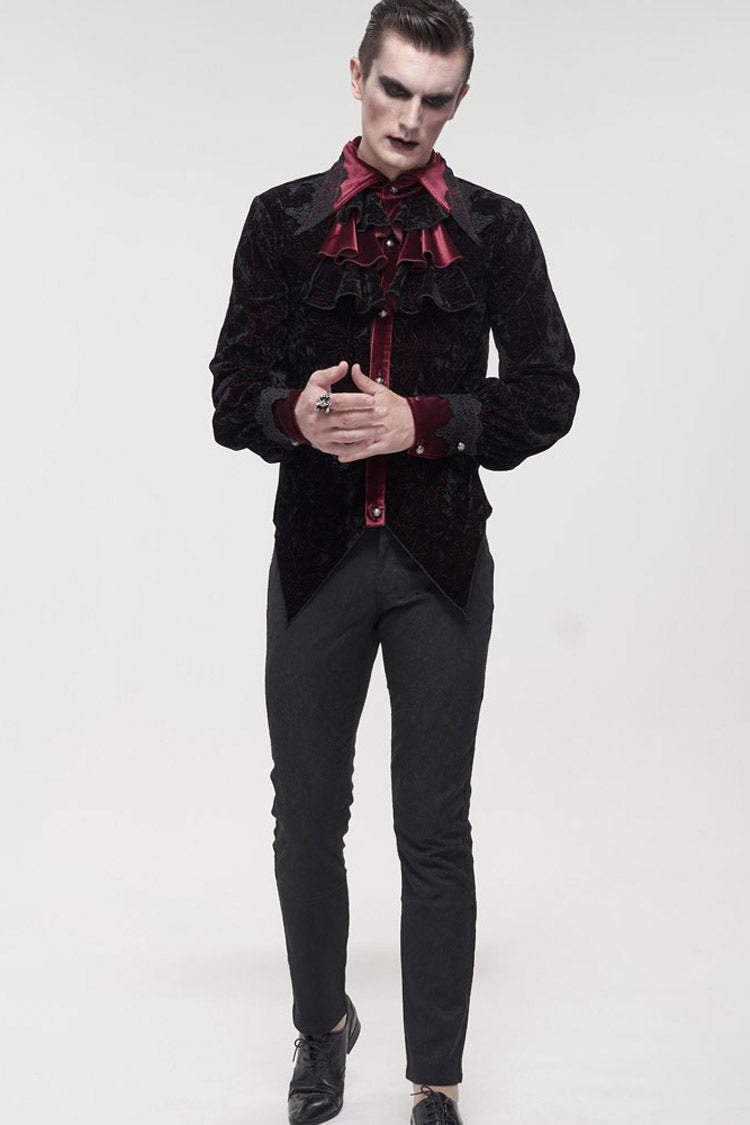 Black/Red Gothic Lace Stand Collar Ruffle Lantern Sleeves Velvet Crack Men's Shirt - Product - 11