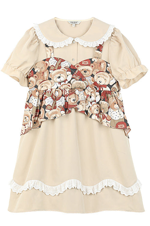 Beige Vintage Doll Collar Bear Print Fake Two Pieces Short Sleeves Sweet Lolita Dress - Product - 7