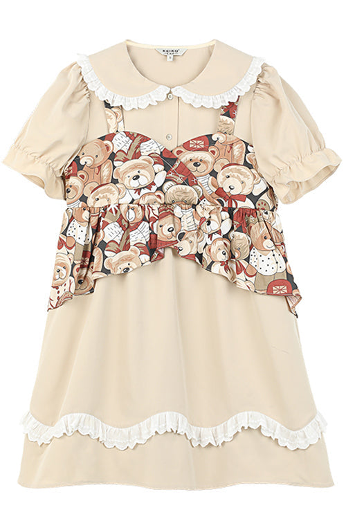 Beige Vintage Doll Collar Bear Print Fake Two Pieces Short Sleeves Sweet Lolita Dress - Product - 7