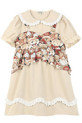 Beige Vintage Doll Collar Bear Print Fake Two Pieces Short Sleeves Sweet Lolita Dress - Product - 7