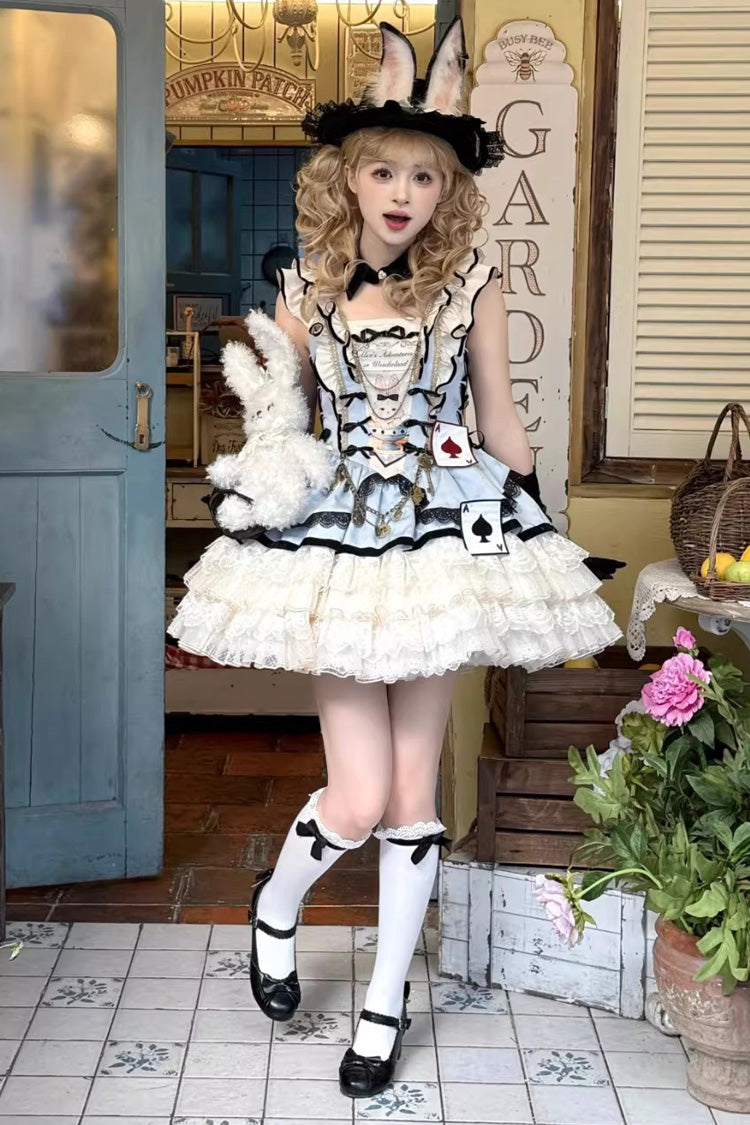 [Binky Bunny Magic] Square Collar Sleeveless Multi-Layered Ruffled Bow Lace Sweet Lolita Jsk Dress 2 Colors - Product - 2
