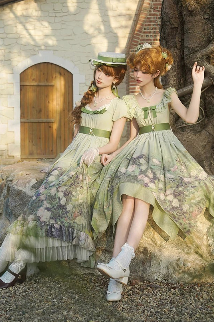 Green [Blooming Roses] Print Oil Painting Chiffon Short Sleeves Ruffle Bowknot Sweet Lolita Dress - Product - 12