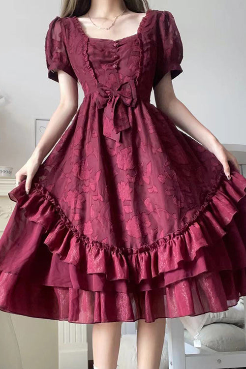 French Elegant Print Multi-Layer Ruffled Short Sleeve Classic Lolita Dress - Product - 2
