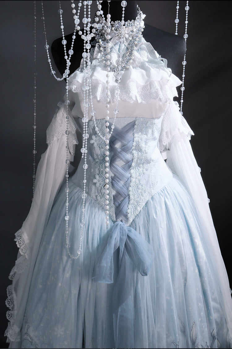 Blue [Snow Lily] Print Ruffle Hanayome Embroidery Bowknot Lace-Up Sweet Elegant Princess Lolita Skirt Set - Product - 6