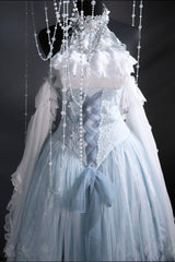 Blue [Snow Lily] Print Ruffle Hanayome Embroidery Bowknot Lace-Up Sweet Elegant Princess Lolita Skirt Set - Product - 6