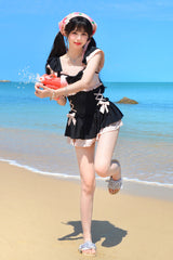 Black/Pink Ruffle Bowknot Lace-Up Sweet Lolita One-piece Swimsuit - Product - 5