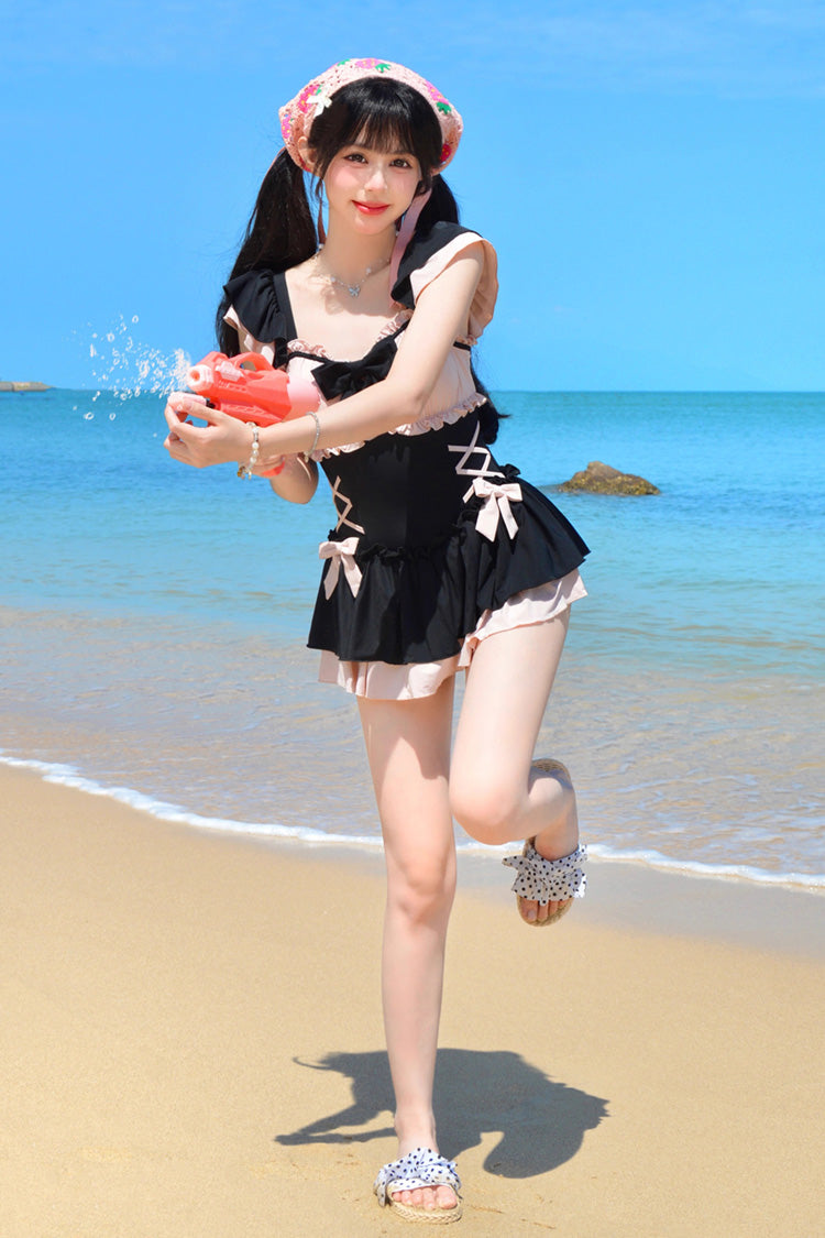 Black/Pink Ruffle Bowknot Lace-Up Sweet Lolita One-piece Swimsuit - Product - 5