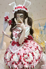 [Cream Rabbit Strawberry] Print Sleeveless Bowknot Sweet Lolita Jsk Dress 2 Colors - Red - 6
